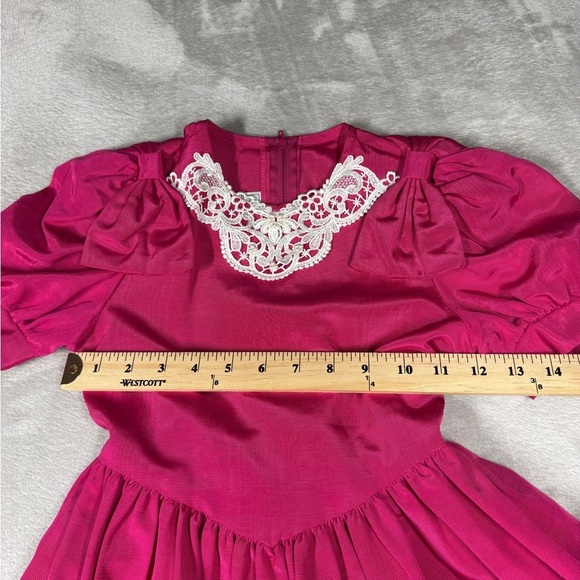 Vintage Jessica McClintock Girls Fuchsia Pink Puff Sleeve Lace Beaded Dress 6X - Picture 9 of 15